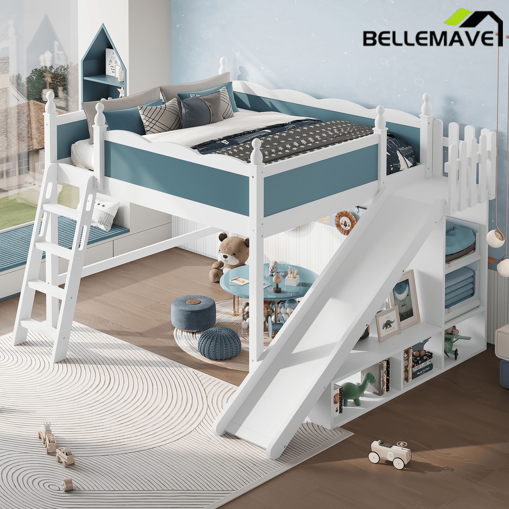 Bellemave® Full Size Loft Beds with Slide and Storage,Wooden Loft Bed Frame with Cabinet and Shelves,Princess Full Bed for Teens Bedroom Dormitory,Natural - Bellemave