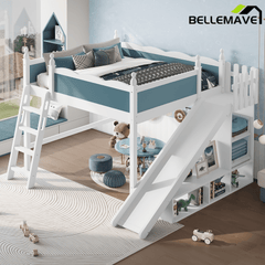 Bellemave® Full Size Loft Beds with Slide and Storage,Wooden Loft Bed Frame with Cabinet and Shelves,Princess Full Bed for Teens Bedroom Dormitory,Natural - Bellemave