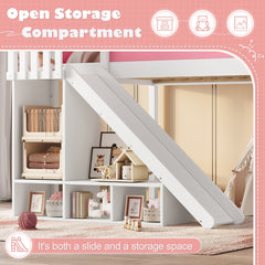 Bellemave® Full Size Loft Beds with Slide and Storage,Wooden Loft Bed Frame with Cabinet and Shelves,Princess Full Bed for Teens Bedroom Dormitory,Natural - Bellemave