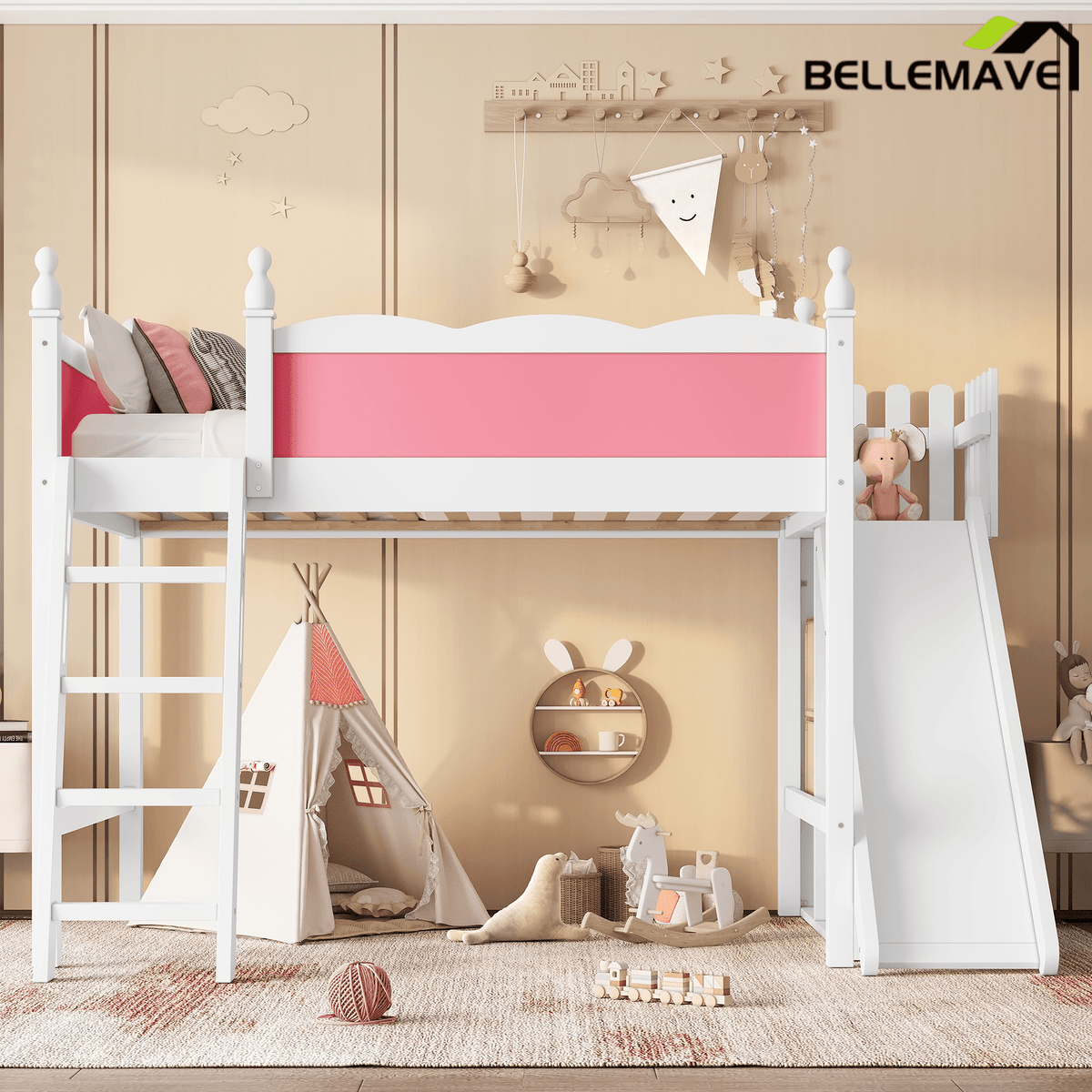 Bellemave® Full Size Loft Beds with Slide and Storage,Wooden Loft Bed Frame with Cabinet and Shelves,Princess Full Bed for Teens Bedroom Dormitory,Natural - Bellemave