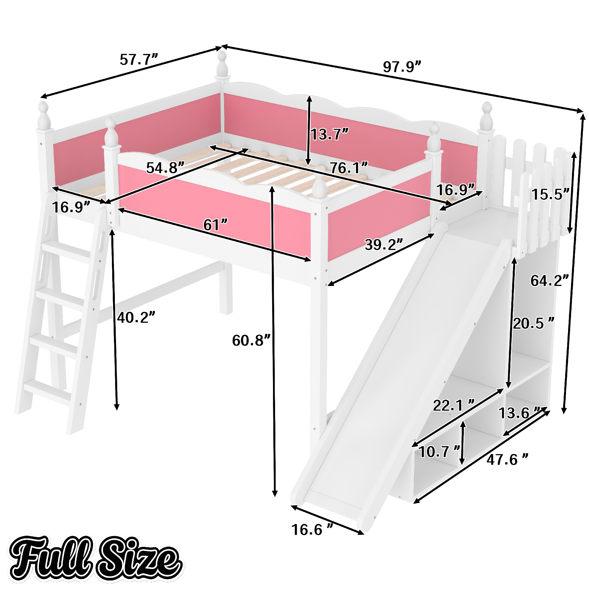 Bellemave® Full Size Loft Beds with Slide and Storage,Wooden Loft Bed Frame with Cabinet and Shelves,Princess Full Bed for Teens Bedroom Dormitory,Natural - Bellemave