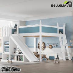 Bellemave® Full Size Loft Beds with Slide and Storage,Wooden Loft Bed Frame with Cabinet and Shelves,Princess Full Bed for Teens Bedroom Dormitory,Natural - Bellemave