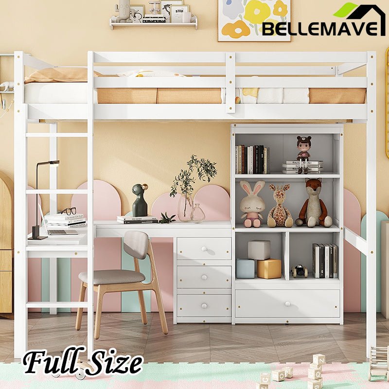 Bellemave® Full Size Loft Wood Bed with Desk, Storage shelves and Drawers, Built - in Ladder and Guardrails - Bellemave