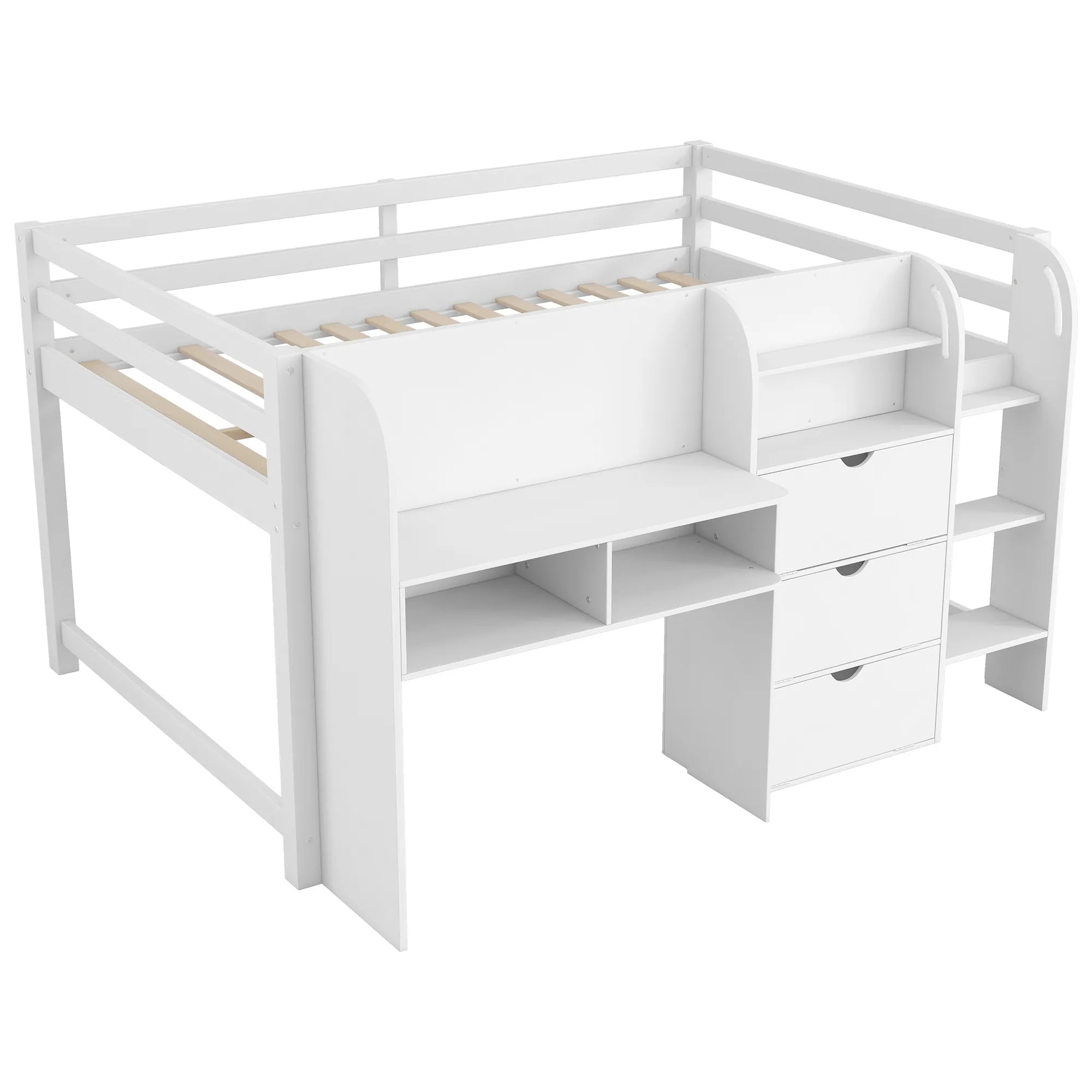 Bellemave® Full Size Low Loft Bed with Built - in Desk,Storage Cabinets and Open Bookcase,Whiteboard for Graffiti - Bellemave