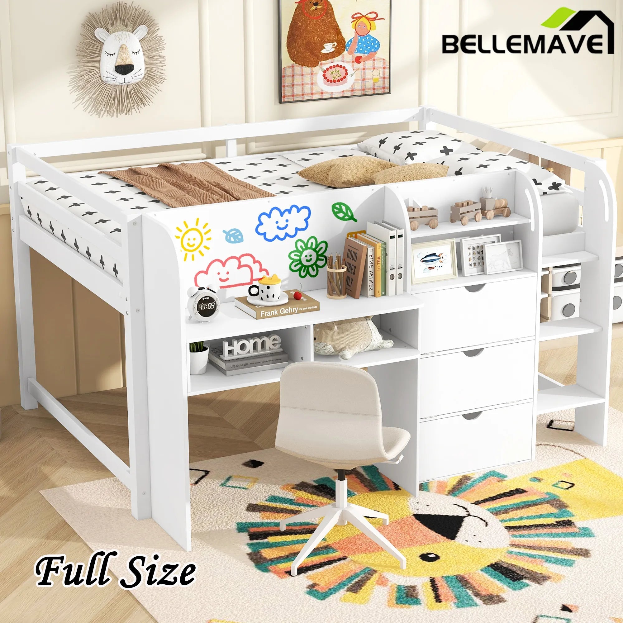 Bellemave® Full Size Low Loft Bed with Built - in Desk,Storage Cabinets and Open Bookcase,Whiteboard for Graffiti - Bellemave