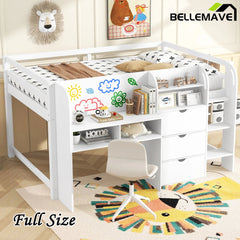 Bellemave® Full Size Low Loft Bed with Built - in Desk,Storage Cabinets and Open Bookcase,Whiteboard for Graffiti - Bellemave