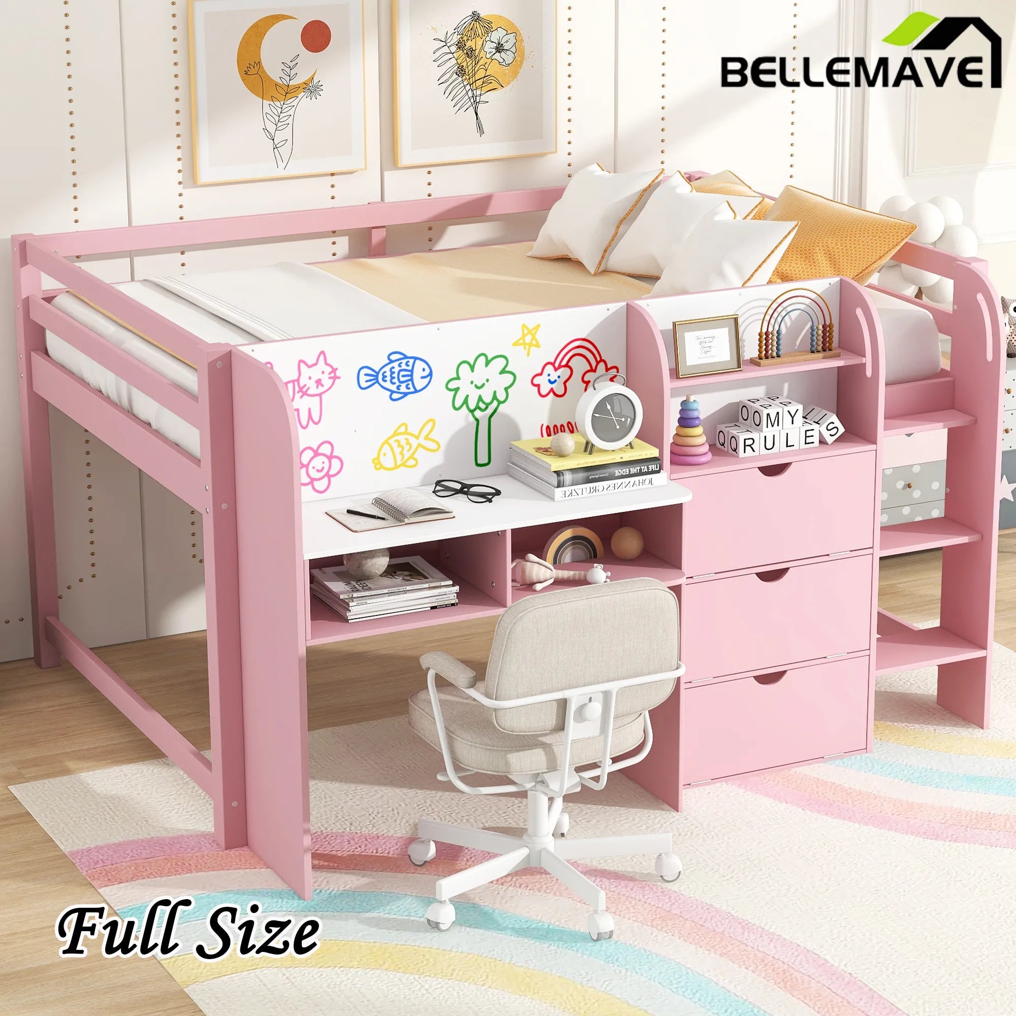 Bellemave® Full Size Low Loft Bed with Built - in Desk,Storage Cabinets and Open Bookcase,Whiteboard for Graffiti - Bellemave