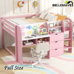 Bellemave® Full Size Low Loft Bed with Built - in Desk,Storage Cabinets and Open Bookcase,Whiteboard for Graffiti - Bellemave