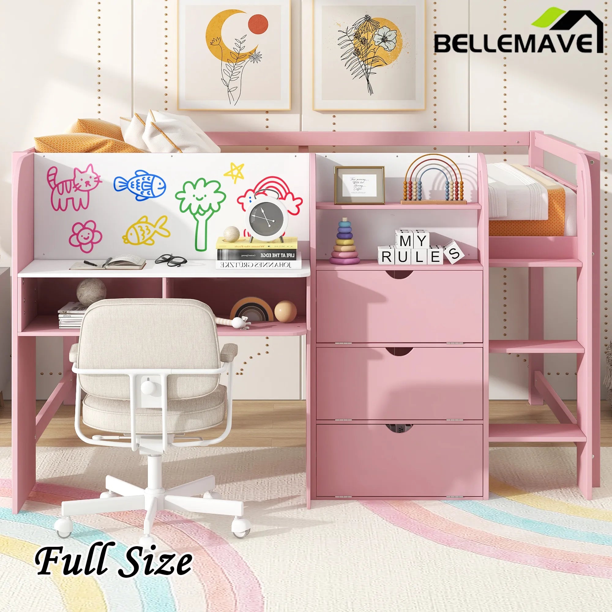Bellemave® Full Size Low Loft Bed with Built - in Desk,Storage Cabinets and Open Bookcase,Whiteboard for Graffiti - Bellemave