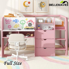 Bellemave® Full Size Low Loft Bed with Built - in Desk,Storage Cabinets and Open Bookcase,Whiteboard for Graffiti - Bellemave