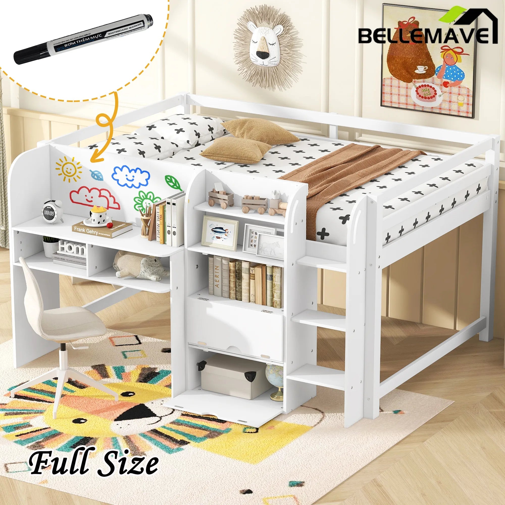 Bellemave® Full Size Low Loft Bed with Built - in Desk,Storage Cabinets and Open Bookcase,Whiteboard for Graffiti - Bellemave