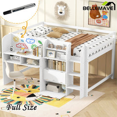 Bellemave® Full Size Low Loft Bed with Built - in Desk,Storage Cabinets and Open Bookcase,Whiteboard for Graffiti - Bellemave