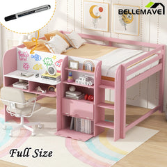 Bellemave® Full Size Low Loft Bed with Built - in Desk,Storage Cabinets and Open Bookcase,Whiteboard for Graffiti - Bellemave