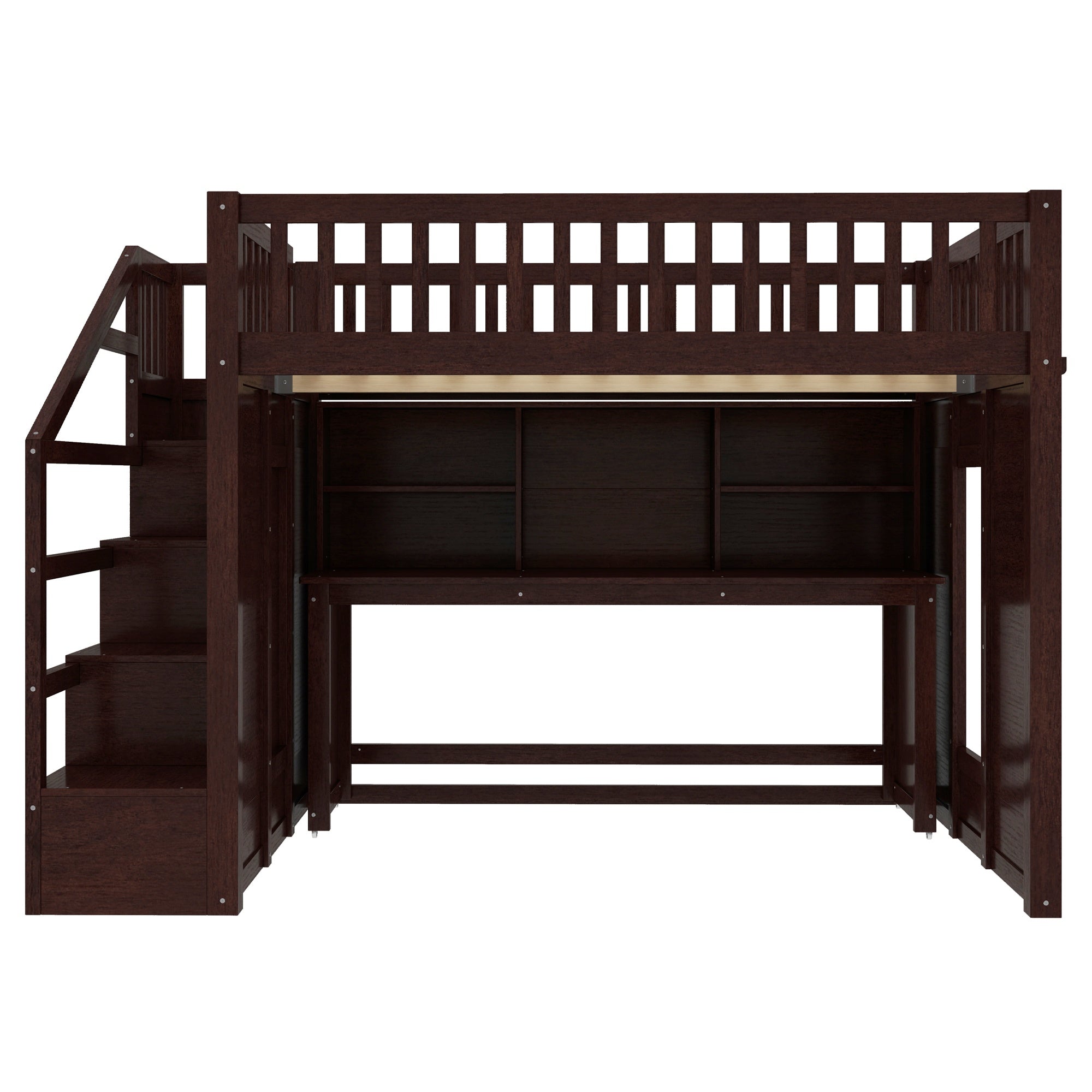 Bellemave® Full Size Low Loft Bed with Movable Desk & Storage Shelves, Kids Full Loft Bed Frame with Storage Stairs & Hanger, Espresso - Bellemave