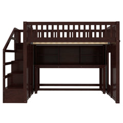 Bellemave® Full Size Low Loft Bed with Movable Desk & Storage Shelves, Kids Full Loft Bed Frame with Storage Stairs & Hanger, Espresso - Bellemave