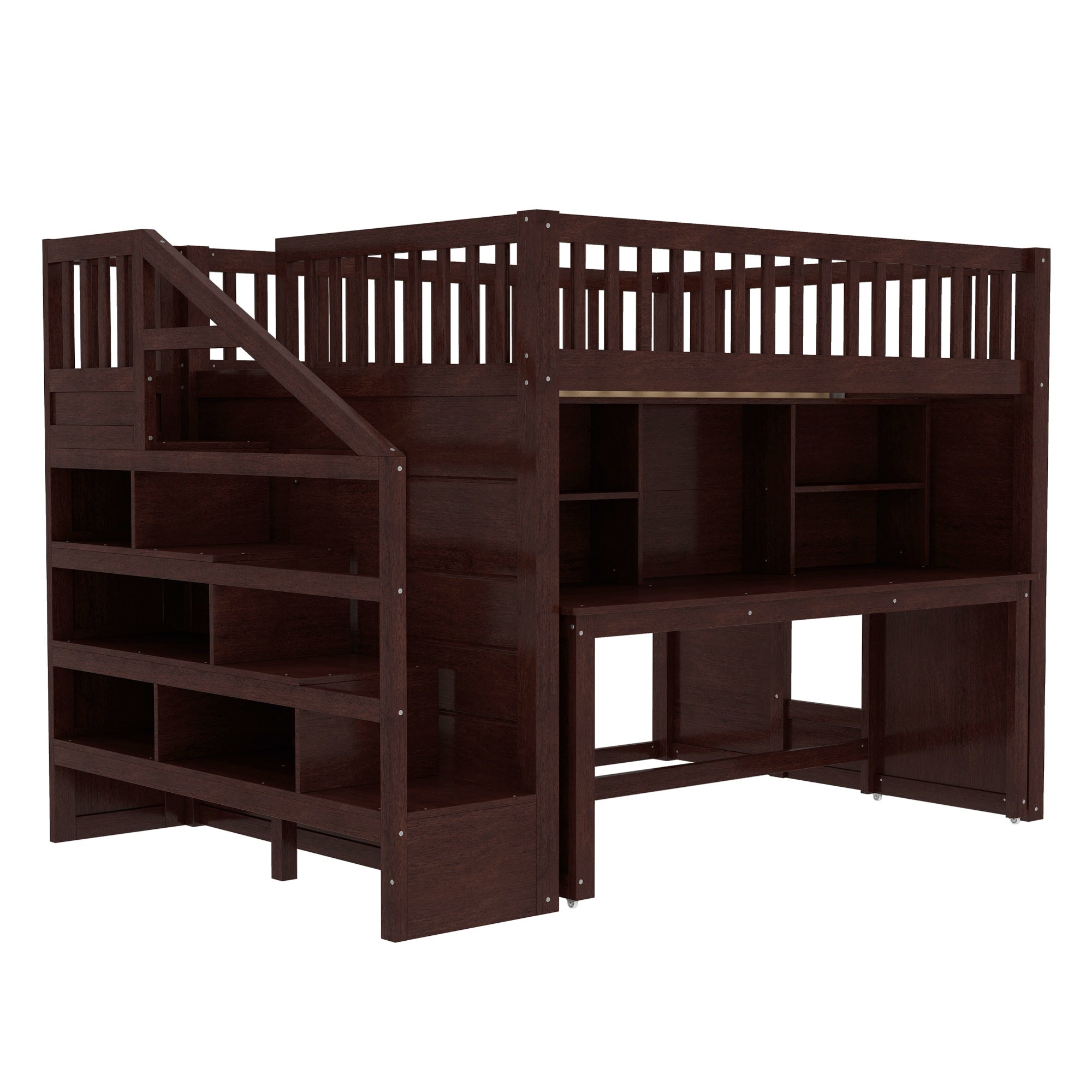 Bellemave® Full Size Low Loft Bed with Movable Desk & Storage Shelves, Kids Full Loft Bed Frame with Storage Stairs & Hanger, Espresso - Bellemave
