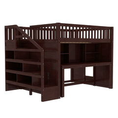 Bellemave® Full Size Low Loft Bed with Movable Desk & Storage Shelves, Kids Full Loft Bed Frame with Storage Stairs & Hanger, Espresso - Bellemave
