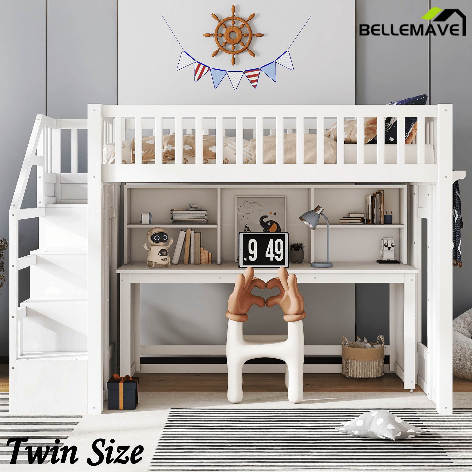 Bellemave® Full Size Low Loft Bed with Movable Desk & Storage Shelves, Kids Full Loft Bed Frame with Storage Stairs & Hanger, Espresso - Bellemave