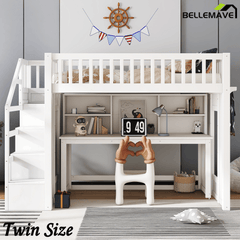 Bellemave® Full Size Low Loft Bed with Movable Desk & Storage Shelves, Kids Full Loft Bed Frame with Storage Stairs & Hanger, Espresso - Bellemave