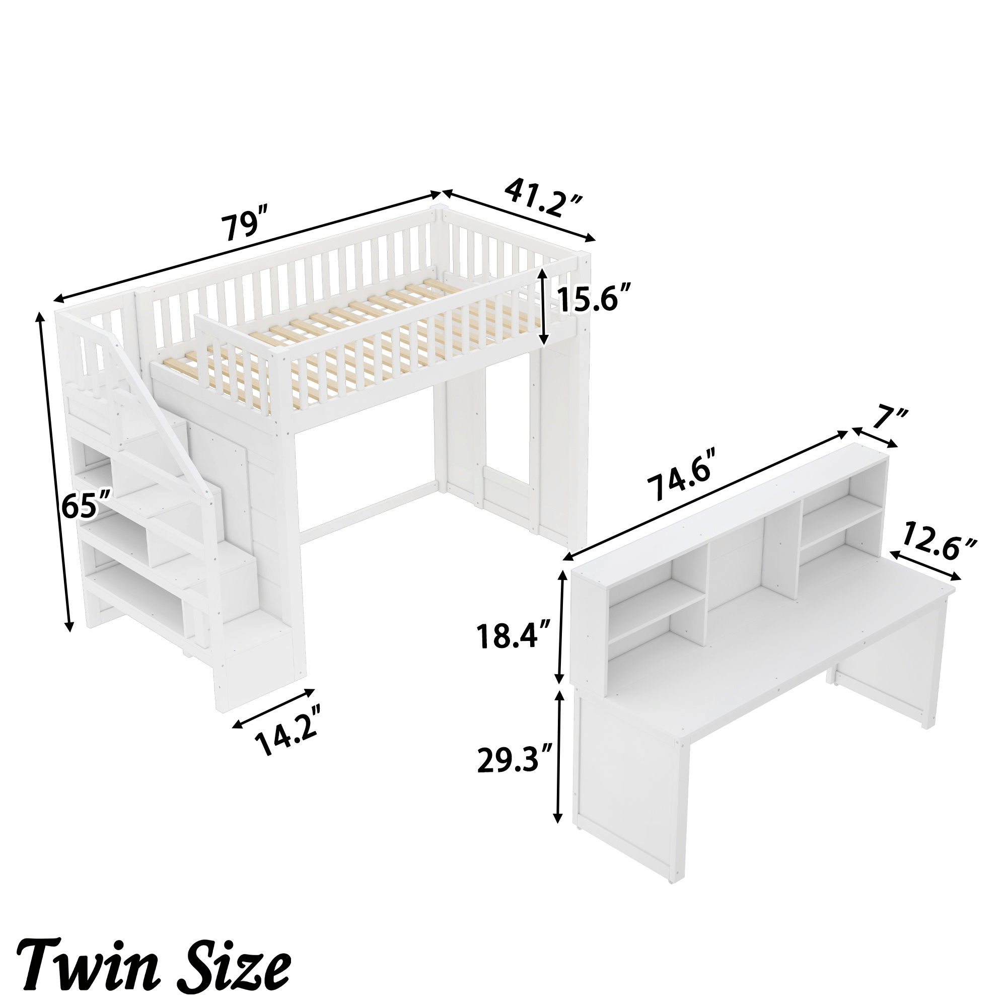 Bellemave® Full Size Low Loft Bed with Movable Desk & Storage Shelves, Kids Full Loft Bed Frame with Storage Stairs & Hanger, Espresso - Bellemave