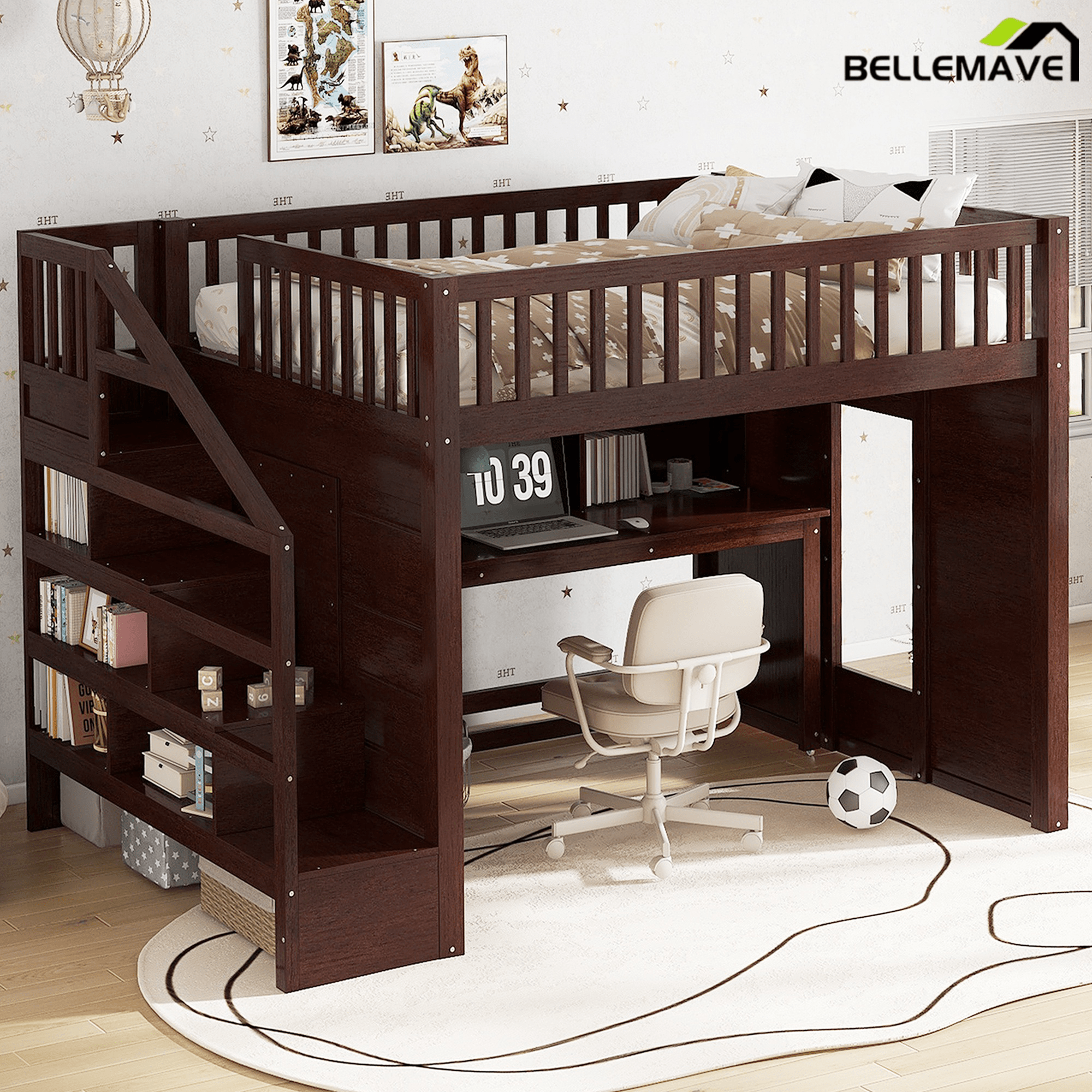 Bellemave® Full Size Low Loft Bed with Movable Desk & Storage Shelves, Kids Full Loft Bed Frame with Storage Stairs & Hanger, Espresso - Bellemave