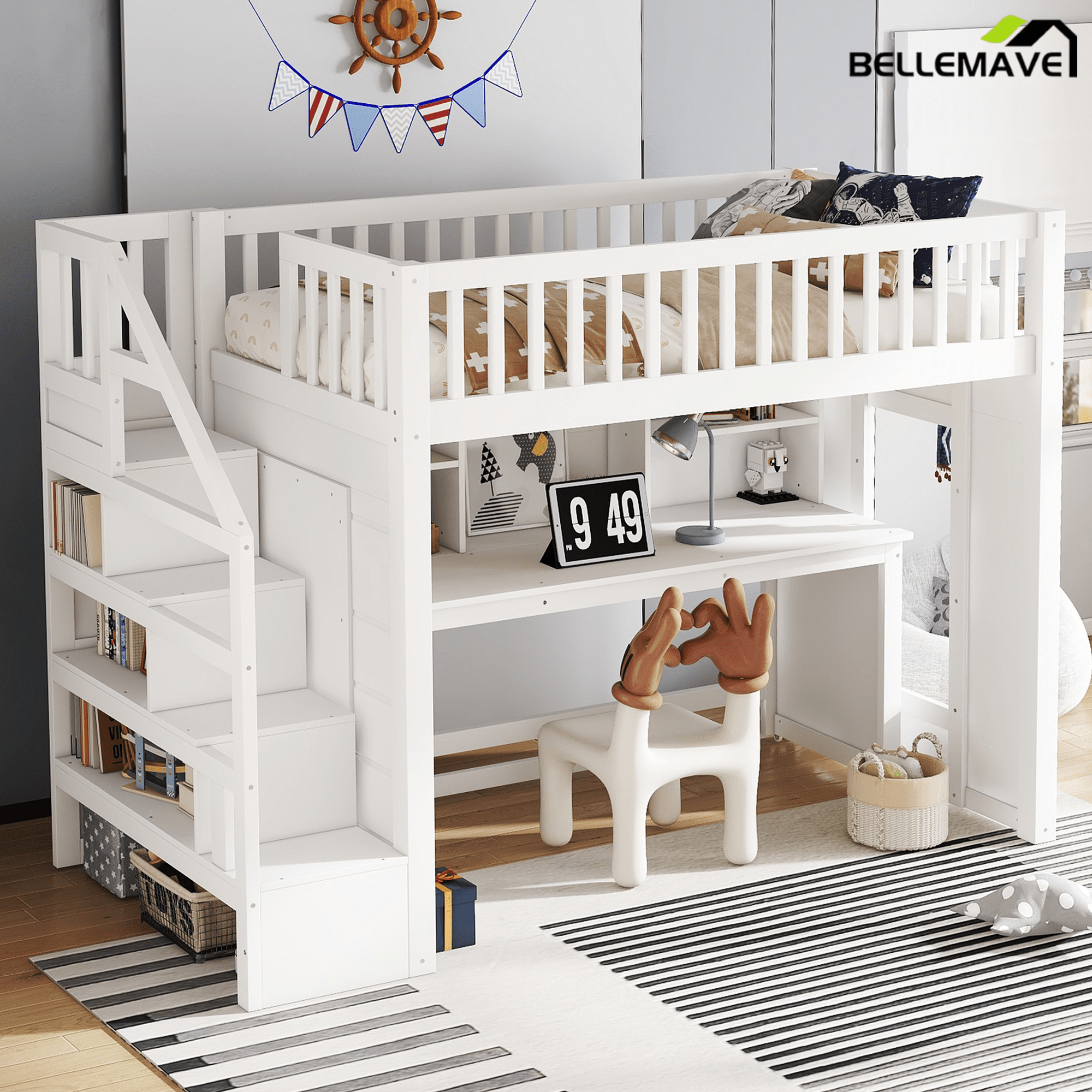 Bellemave® Full Size Low Loft Bed with Movable Desk & Storage Shelves, Kids Full Loft Bed Frame with Storage Stairs & Hanger, Espresso - Bellemave