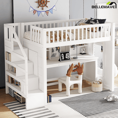 Bellemave® Full Size Low Loft Bed with Movable Desk & Storage Shelves, Kids Full Loft Bed Frame with Storage Stairs & Hanger, Espresso - Bellemave