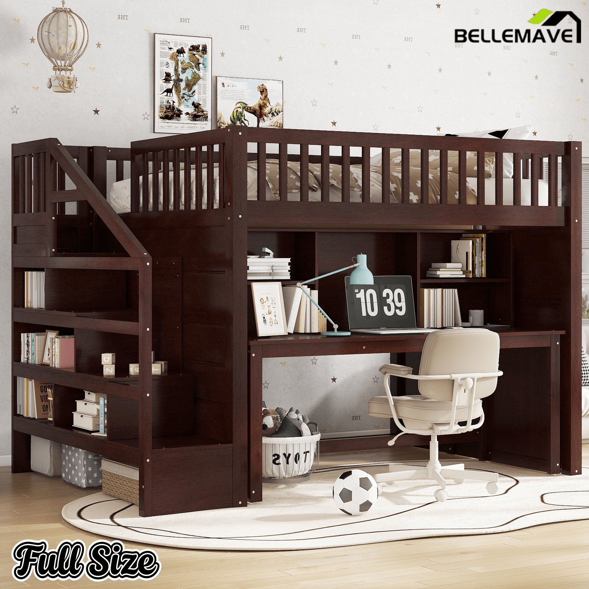 Bellemave® Full Size Low Loft Bed with Movable Desk & Storage Shelves, Kids Full Loft Bed Frame with Storage Stairs & Hanger, Espresso - Bellemave