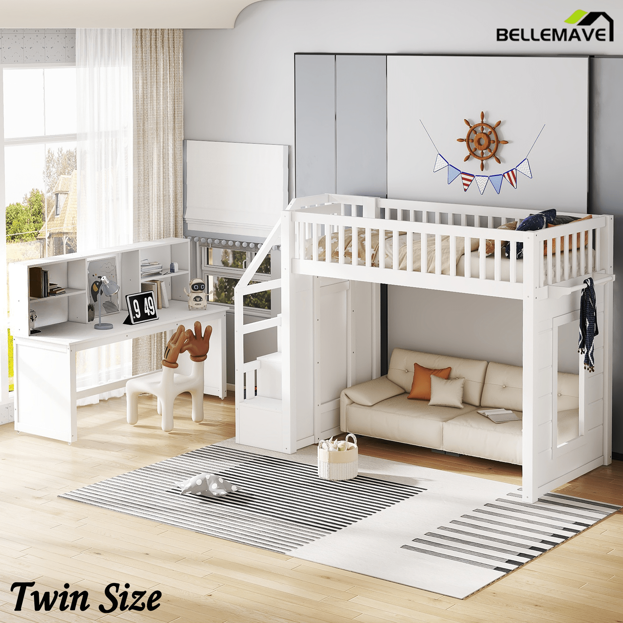 Bellemave® Full Size Low Loft Bed with Movable Desk & Storage Shelves, Kids Full Loft Bed Frame with Storage Stairs & Hanger, Espresso - Bellemave