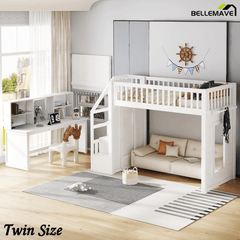 Bellemave® Full Size Low Loft Bed with Movable Desk & Storage Shelves, Kids Full Loft Bed Frame with Storage Stairs & Hanger, Espresso - Bellemave