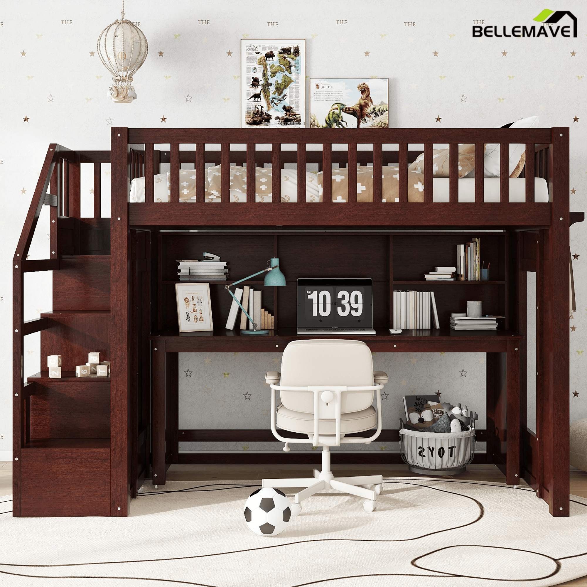 Bellemave® Full Size Low Loft Bed with Movable Desk & Storage Shelves, Kids Full Loft Bed Frame with Storage Stairs & Hanger, Espresso - Bellemave