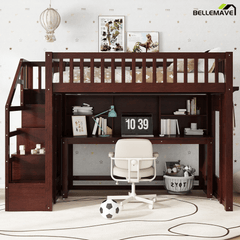 Bellemave® Full Size Low Loft Bed with Movable Desk & Storage Shelves, Kids Full Loft Bed Frame with Storage Stairs & Hanger, Espresso - Bellemave