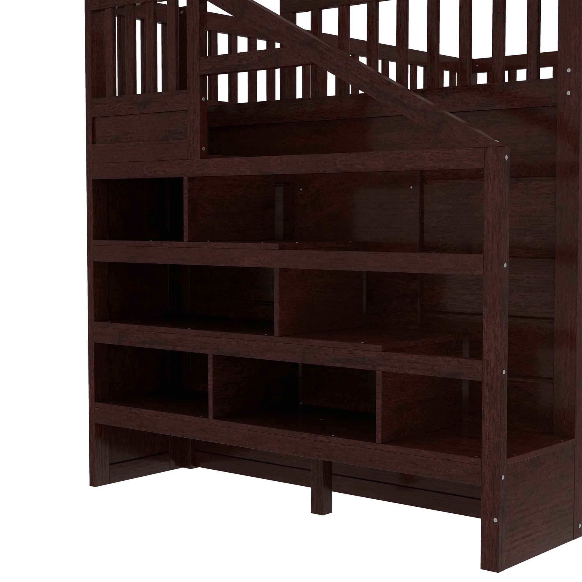 Bellemave® Full Size Low Loft Bed with Movable Desk & Storage Shelves, Kids Full Loft Bed Frame with Storage Stairs & Hanger, Espresso - Bellemave