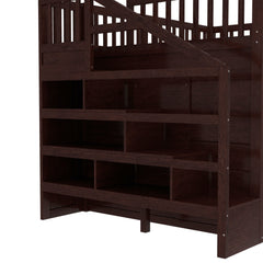 Bellemave® Full Size Low Loft Bed with Movable Desk & Storage Shelves, Kids Full Loft Bed Frame with Storage Stairs & Hanger, Espresso - Bellemave