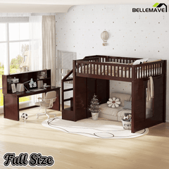 Bellemave® Full Size Low Loft Bed with Movable Desk & Storage Shelves, Kids Full Loft Bed Frame with Storage Stairs & Hanger, Espresso - Bellemave