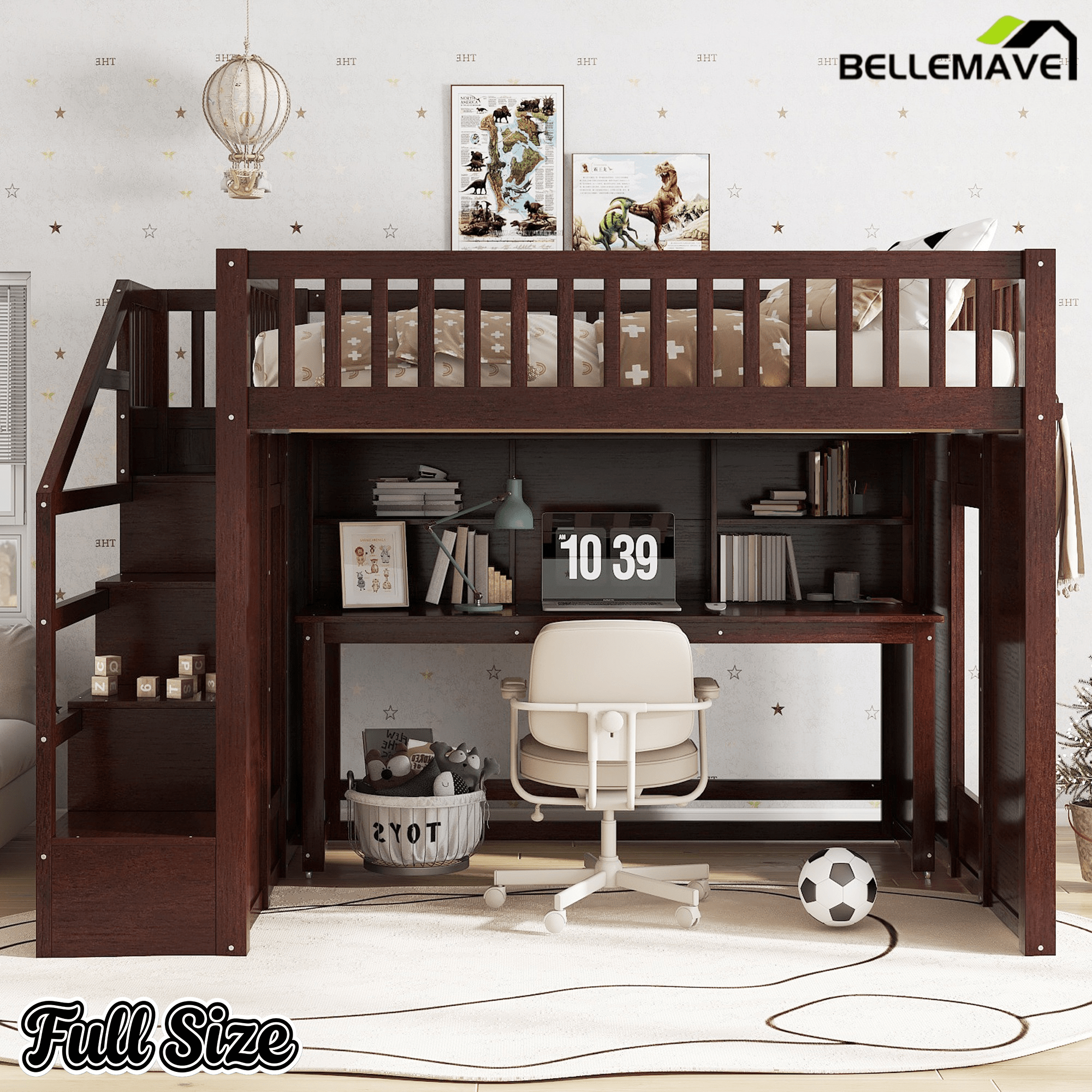 Bellemave® Full Size Low Loft Bed with Movable Desk & Storage Shelves, Kids Full Loft Bed Frame with Storage Stairs & Hanger, Espresso - Bellemave