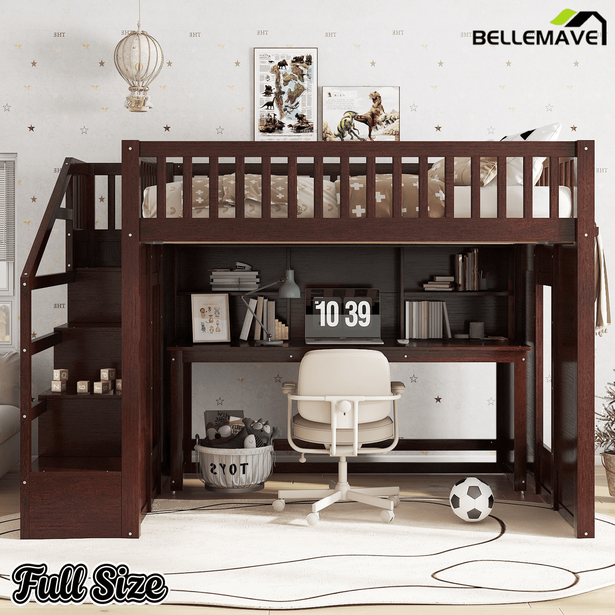 Bellemave® Full Size Low Loft Bed with Movable Desk & Storage Shelves, Kids Full Loft Bed Frame with Storage Stairs & Hanger, Espresso - Bellemave