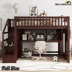 Bellemave® Full Size Low Loft Bed with Movable Desk & Storage Shelves, Kids Full Loft Bed Frame with Storage Stairs & Hanger, Espresso - Bellemave