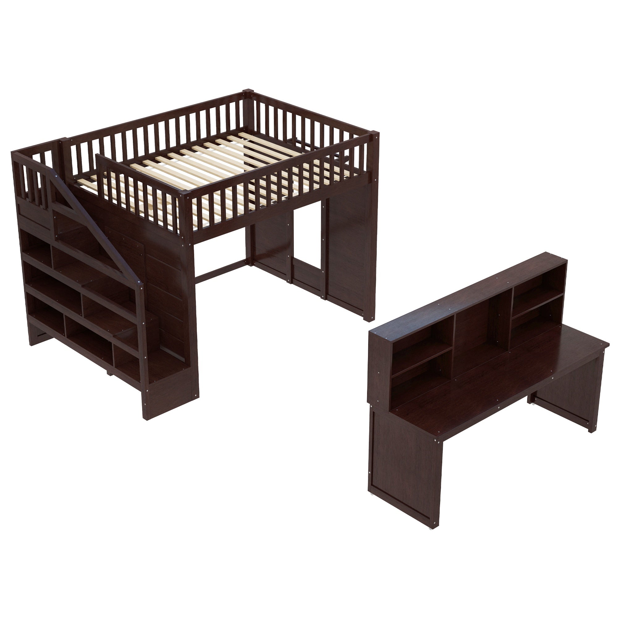 Bellemave® Full Size Low Loft Bed with Movable Desk & Storage Shelves, Kids Full Loft Bed Frame with Storage Stairs & Hanger, Espresso - Bellemave