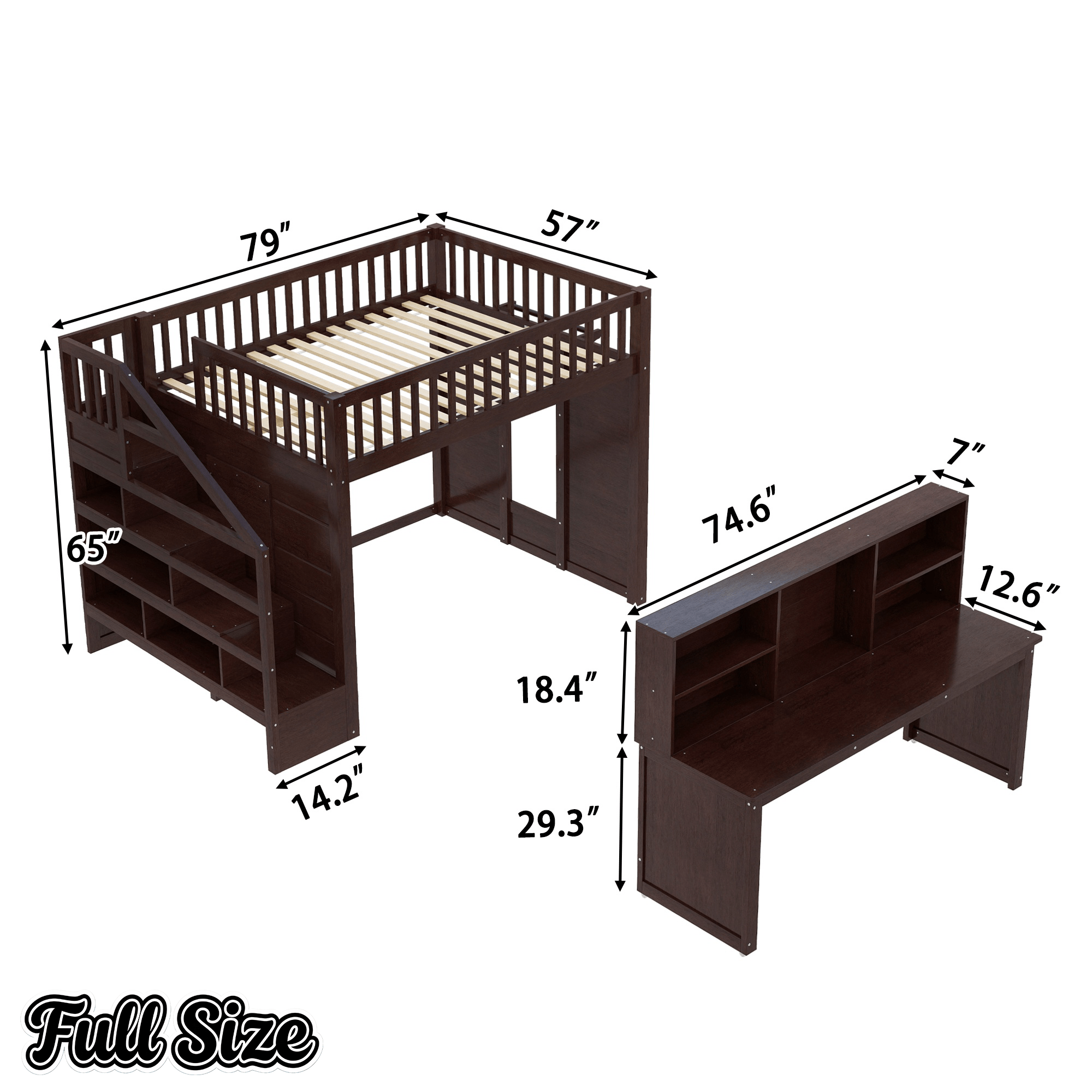 Bellemave® Full Size Low Loft Bed with Movable Desk & Storage Shelves, Kids Full Loft Bed Frame with Storage Stairs & Hanger, Espresso - Bellemave