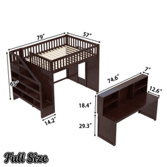 Bellemave® Full Size Low Loft Bed with Movable Desk & Storage Shelves, Kids Full Loft Bed Frame with Storage Stairs & Hanger, Espresso - Bellemave