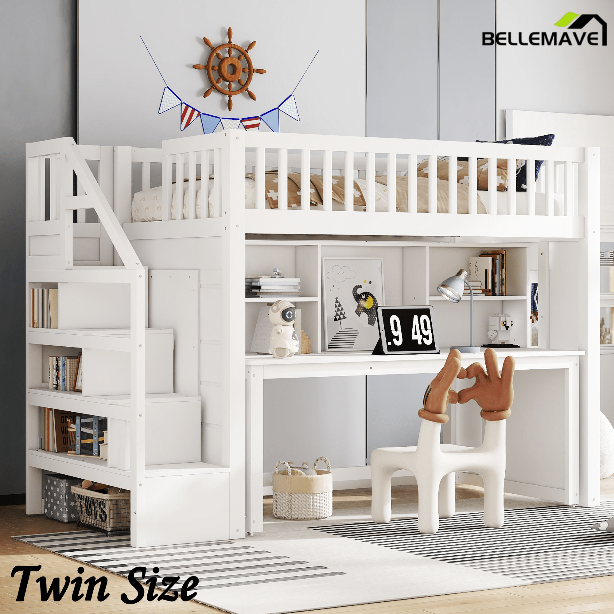Bellemave® Full Size Low Loft Bed with Movable Desk & Storage Shelves, Kids Full Loft Bed Frame with Storage Stairs & Hanger, Espresso - Bellemave