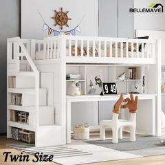 Bellemave® Full Size Low Loft Bed with Movable Desk & Storage Shelves, Kids Full Loft Bed Frame with Storage Stairs & Hanger, Espresso - Bellemave