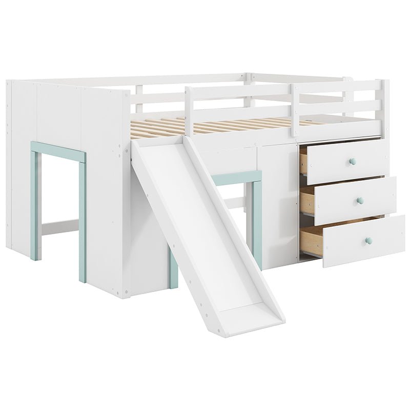 Bellemave® Full Size Low Loft Bed with Slide,Three Storage Drawers and Two Doors - Bellemave