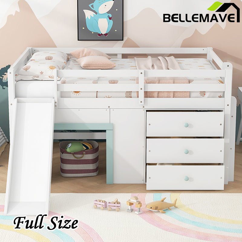 Bellemave® Full Size Low Loft Bed with Slide,Three Storage Drawers and Two Doors - Bellemave