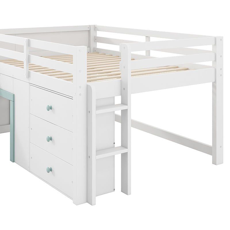 Bellemave® Full Size Low Loft Bed with Slide,Three Storage Drawers and Two Doors - Bellemave