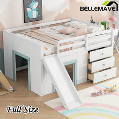 Bellemave® Full Size Low Loft Bed with Slide,Three Storage Drawers and Two Doors - Bellemave