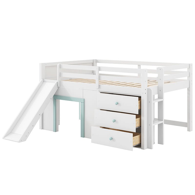Bellemave® Full Size Low Loft Bed with Slide,Three Storage Drawers and Two Doors - Bellemave