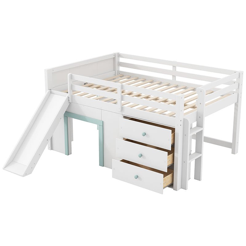 Bellemave® Full Size Low Loft Bed with Slide,Three Storage Drawers and Two Doors - Bellemave