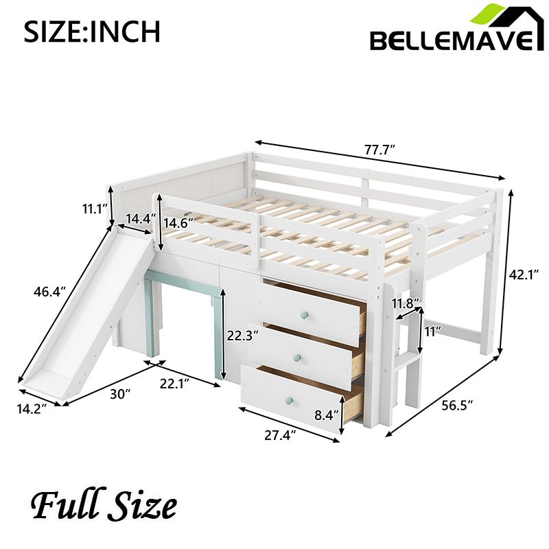 Bellemave® Full Size Low Loft Bed with Slide,Three Storage Drawers and Two Doors - Bellemave